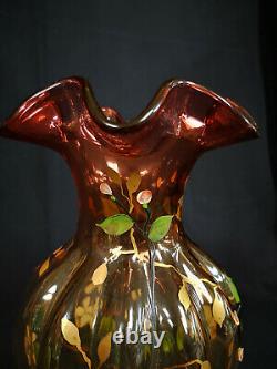 TRÈS RARE Vase en verre d'art Fenton doré Amberina peint à la main