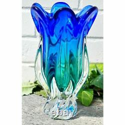 Tall Blue Green Hand Blown Art Glass Vase -murano Somerso Home Office Décor