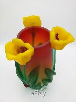 Tommie Rush Verre Trois Fleurs Tulipe Blown Art Vase Signé Lourd