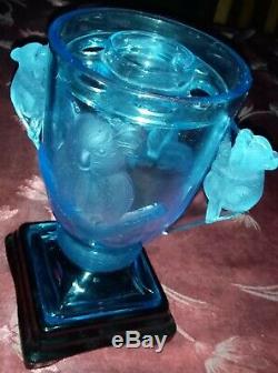 Très Rare Art Déco Bleu Givré Koalas Clair Vase Sur Le Stand Avec La Fleur Grenouille