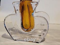 VASE DOUBLE PAROI EN VERRE D'ART Style Murano Signé par l'Artiste Transparent et Ambre LOURD PIÈCE UNIQUE