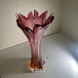 VASE EN VERRE ART POLI SEGUSO SOMMERSO FACETÉ AMBRE/ROUGE DE 13,5'' VINTAGE MURANO