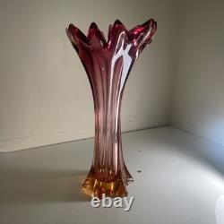 VASE EN VERRE ART POLI SEGUSO SOMMERSO FACETÉ AMBRE/ROUGE DE 13,5'' VINTAGE MURANO