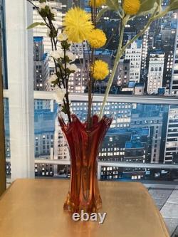 VASE EN VERRE D'ART VINTAGE MURANO AMBRE/ROUGE SOMMERSO FACETÉ POLI SEGUSO