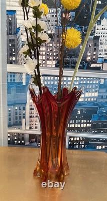 VASE EN VERRE D'ART VINTAGE MURANO AMBRE/ROUGE SOMMERSO FACETÉ POLI SEGUSO