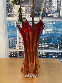 VASE EN VERRE D'ART VINTAGE MURANO AMBRE/ROUGE SOMMERSO FACETÉ POLI SEGUSO