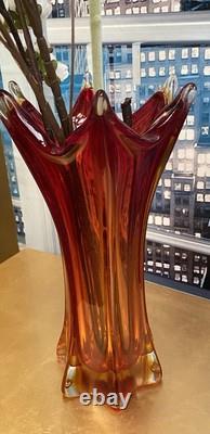 VASE EN VERRE D'ART VINTAGE MURANO AMBRE/ROUGE SOMMERSO FACETÉ POLI SEGUSO