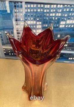 VASE EN VERRE D'ART VINTAGE MURANO AMBRE/ROUGE SOMMERSO FACETÉ POLI SEGUSO