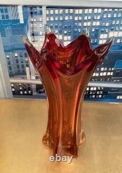 VASE EN VERRE D'ART VINTAGE MURANO AMBRE/ROUGE SOMMERSO FACETÉ POLI SEGUSO