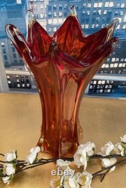 VASE EN VERRE D'ART VINTAGE MURANO AMBRE/ROUGE SOMMERSO FACETÉ POLI SEGUSO