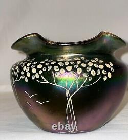 Vase Antique En Verre D'art Loetz Rare Loetz 1890-1900 Iridescent Green Purple Or