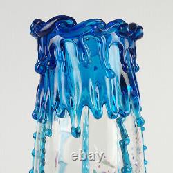 Vase Antique En Verre D'art Victorien W Blue Rigaree & HP Floral, Harrach Moser 13