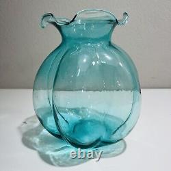 Vase Art Verre Rond Teal Bleu Melon Forme 1950 Vintage Décor Maison