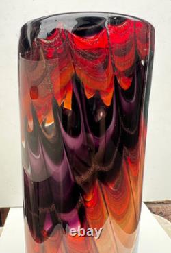 Vase Cylindrique Grand en Verre Artisanal Italien Vintage Empoli Années 1970 Italie 30 cm de Haut