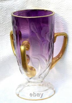 Vase D'oreille En Verre Taille Art Nouveau Améthyste Moser Antique Avec Lys