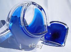 Vase De Basket Flygsfors Vintage Art Glass Grand Bleu De Paul Kedelv Signé