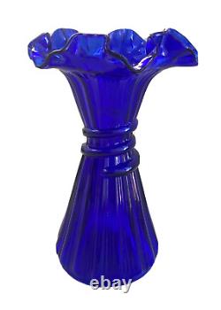 Vase De Verre De Blé Bleu Fenton Cobalt Vintage Avec Bord Volant 7-1/2 Tall