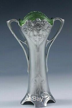 Vase En Étain Wmf Art Nouveau Jugendstil Avec Doublure En Verre Vert D'origine C. 1905