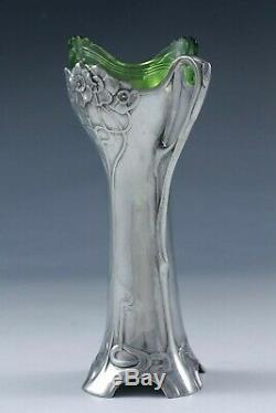 Vase En Étain Wmf Art Nouveau Jugendstil Avec Doublure En Verre Vert D'origine C. 1905