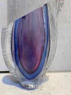 Vase En Verre D'art De Style Solmerso Murano Ovale Blue Purple Criss Cross Panel