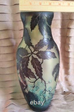 Vase Inspiré De Galle Art Nouveau Verre Acide Gravé Gaufré Cameo 14 Grande Menthe