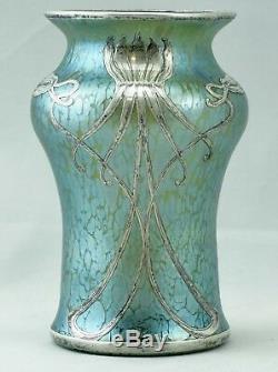 Vase Loetz Veuve Cobalt Creta Papillon Argent Overlay, Art Nouveau, 1900