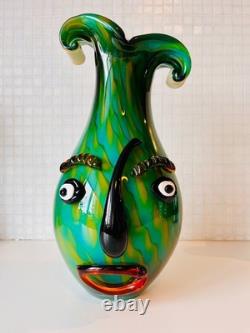 Vase Murano style Picasso vert, design visage, art abstrait en verre, nouvelle œuvre d’art