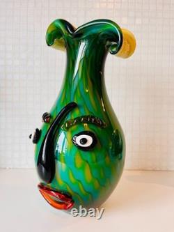 Vase Murano style Picasso vert, design visage, art abstrait en verre, nouvelle œuvre d’art