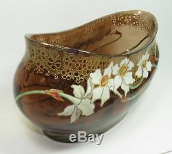 Vase Vintage Art Nouveau Bohème En Verre Avec Fleurs En Email Émaillé V. 1900