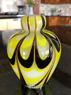 Vase à bouton en verre artistique vintage jaune, blanc et marron