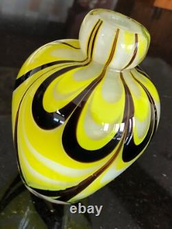 Vase à bouton en verre artistique vintage jaune, blanc et marron