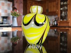 Vase à bouton en verre artistique vintage jaune, blanc et marron