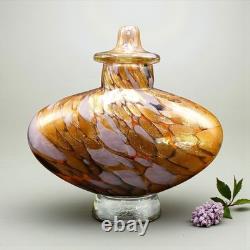 Vase à couvercle en verre soufflé à la main Dale Tiffany, en verre d'art Aventurine or lilas, Art Déco