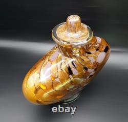 Vase à couvercle en verre soufflé à la main Dale Tiffany, en verre d'art Aventurine or lilas, Art Déco