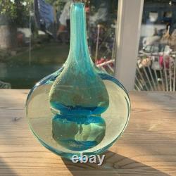 Vase à fleurs en verre art Mdina Lollipop Fish 7,5 pouces facetté bleu or très lourd