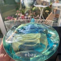 Vase à fleurs en verre art Mdina Lollipop Fish 7,5 pouces facetté bleu or très lourd