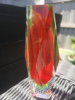 Vase à fleurs facetté en verre Sommerso de Flavio Poli, Murano, milieu du siècle, 3 couleurs, rare
