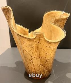 Vase à mouchoir en verre vintage 10 pouces grand motif craquelé en marbre soufflé à la main