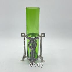 Vase ancien en verre vert Art nouveau avec monture métallique 7