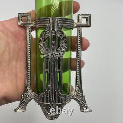 Vase ancien en verre vert Art nouveau avec monture métallique 7