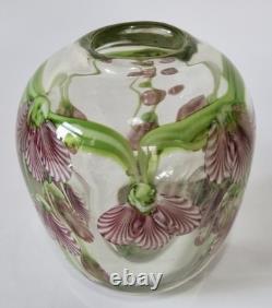 Vase artistique vintage en verre épais de studio, motif floral