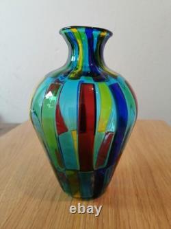 Vase bouteille en verre d’art Murano Ballarin Pezzato à carrés, signé. Très bon état.