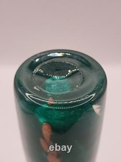 Vase cylindre en verre d’art français signé Gérard Torcheux, vert avec feuille d’or, 7, très bon état
		<br/> 	 