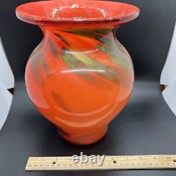 Vase d'art orange vert avec éclats dorés en verre d'art vintage