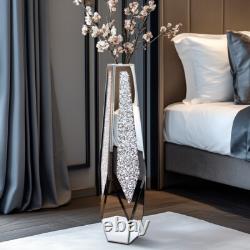 Vase de sol XL Sparkle Diamond en argent miroir concassé avec bord biseauté et base biseautée