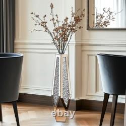Vase de sol XL Sparkle Diamond en argent miroir concassé avec bord biseauté et base biseautée