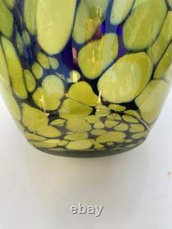 Vase en cristal en verre art soufflé à la main vintage large en bleu cobalt et vert/jaune