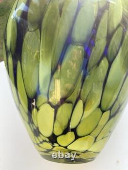 Vase en cristal en verre art soufflé à la main vintage large en bleu cobalt et vert/jaune