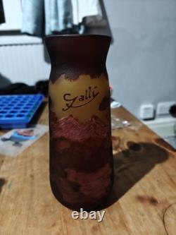 Vase en verre Émile Gallé, vintage, gravé bicolore, finition montagneuse