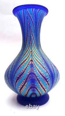 Vase en verre Iwata Kuri Master Hisatoshi Iwata japonais bleu et or